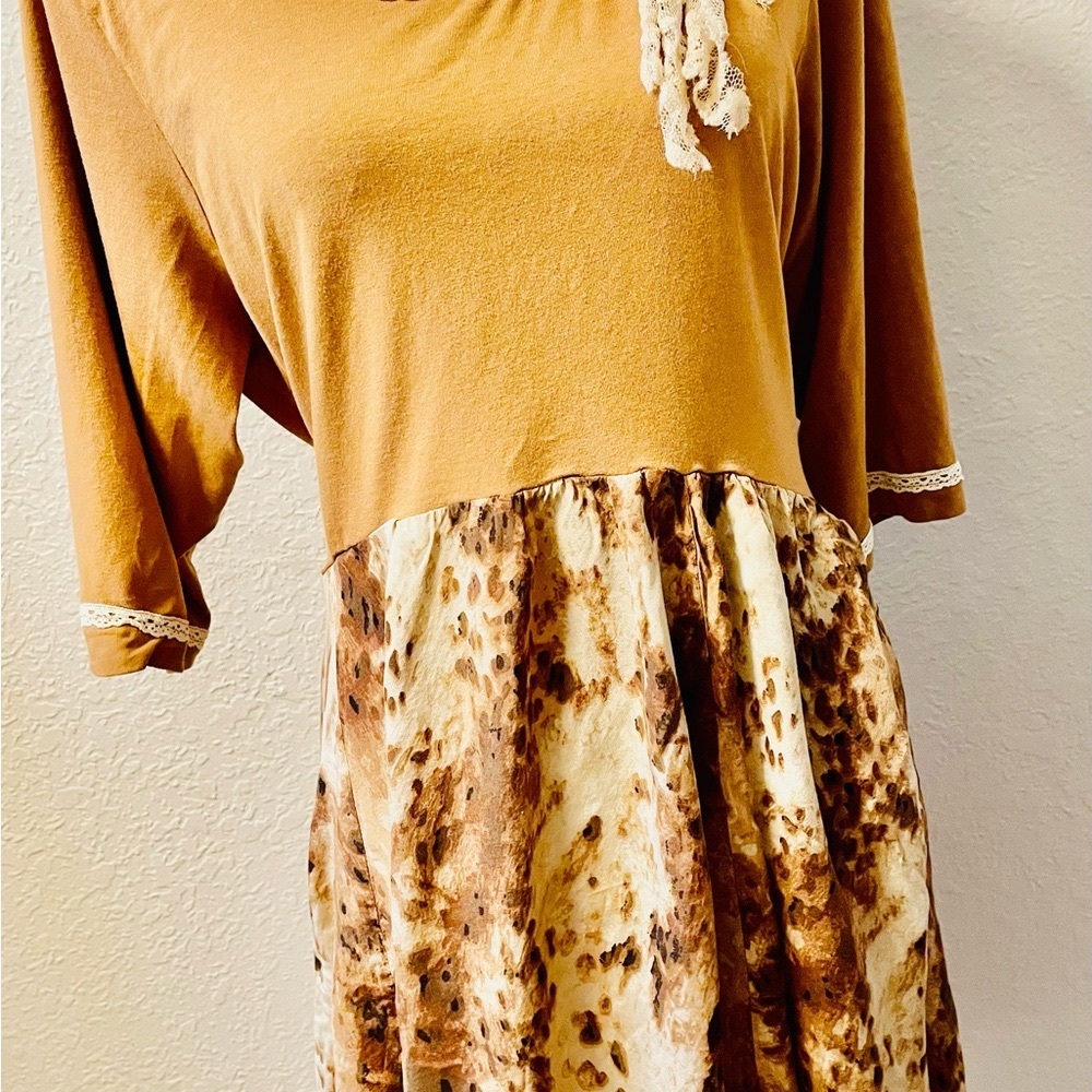 Upcycled Boho Animal Print Tunic Butterscotch Color Vntg Buttons Shark Bite Top